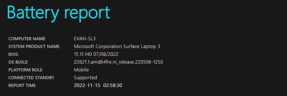 kiểm tra báo cáo pin của Surface